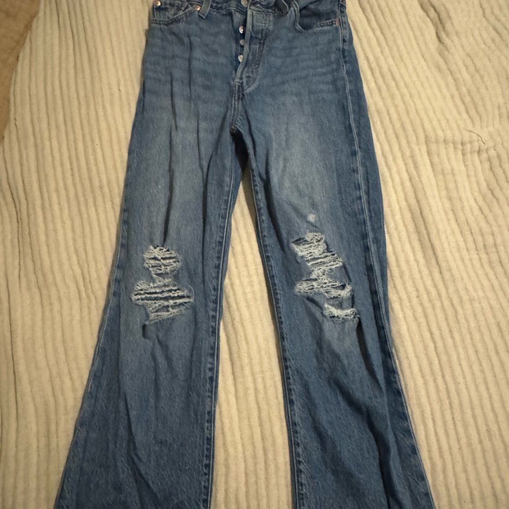 Levi's Blue Distressed Ribcage Straight Jeans